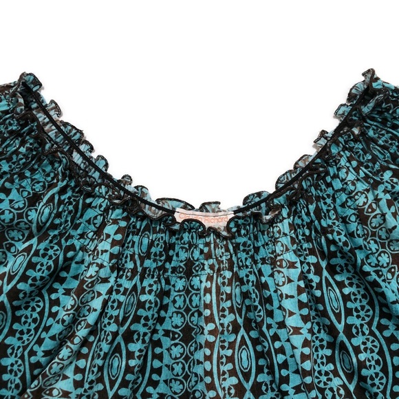 CLAUDIA RICHARD Boho Peasant Top Blue Brown Sz LG - Picture 7 of 15